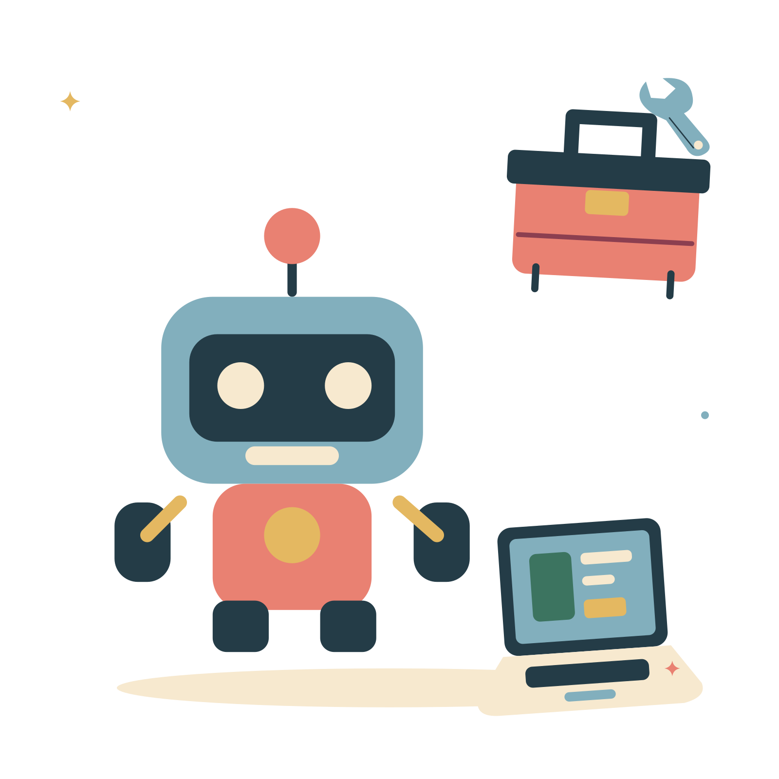 Friendly robot workshop with a toolbox and laptop.