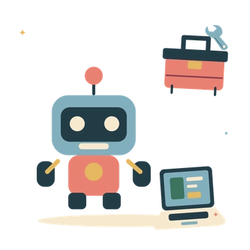 Friendly robot workshop with a toolbox and laptop.