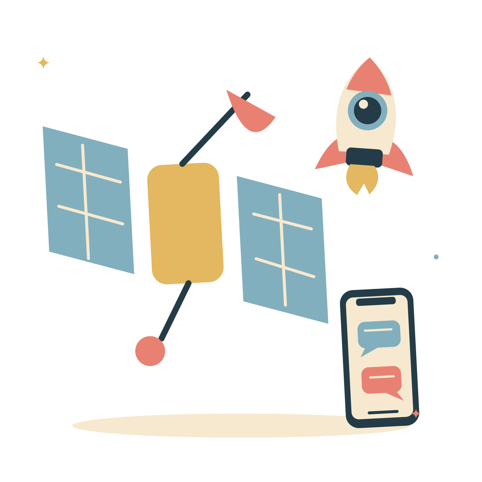 Space communication with satellite and a rocket.