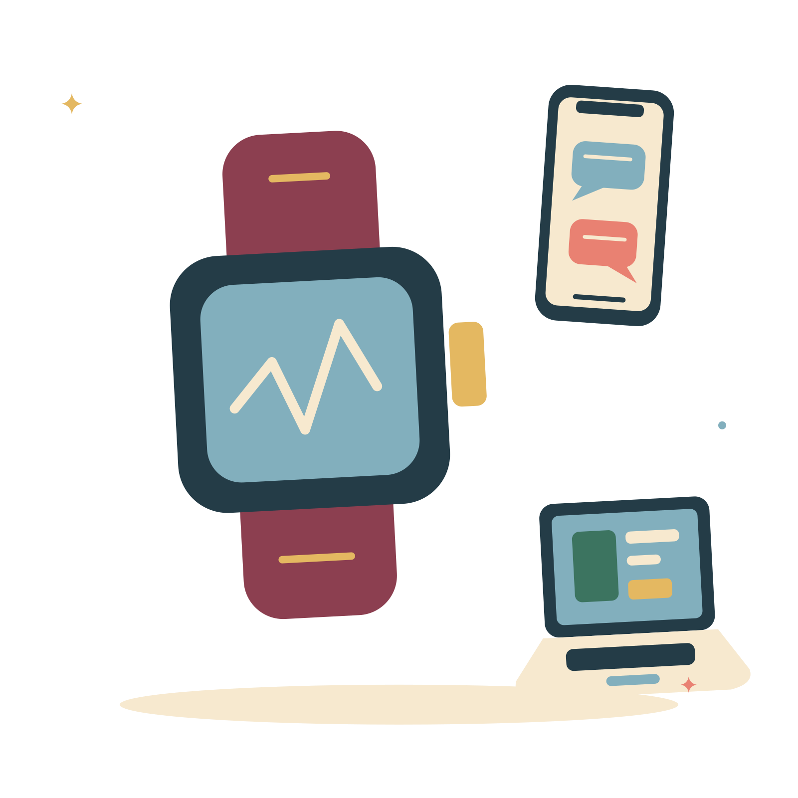 Smart watch with phone and workday laptop.