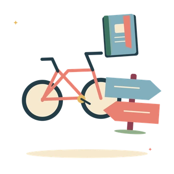Bike tour with a signpost and travel journal.