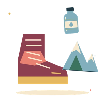 Mountain hike with boots and a water bottle.