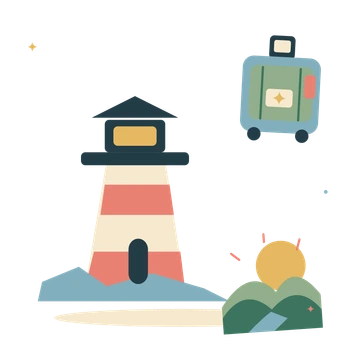 Lighthouse weekend with a suitcase and sunrise.