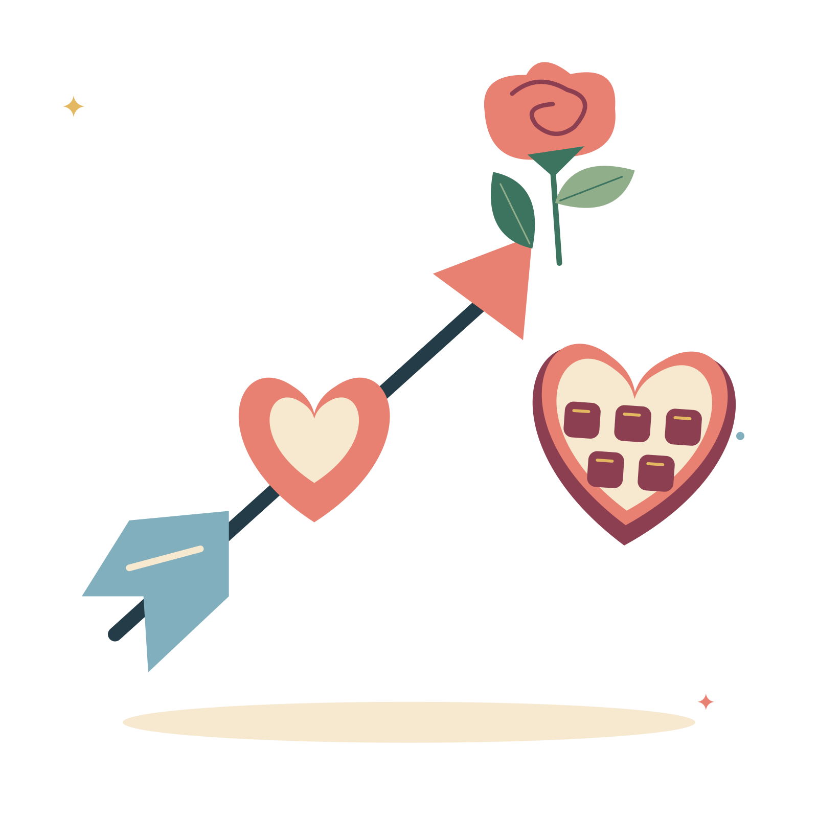 Cupid arrow with chocolates and a little rose.