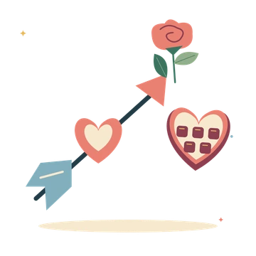 Cupid arrow with chocolates and a little rose.