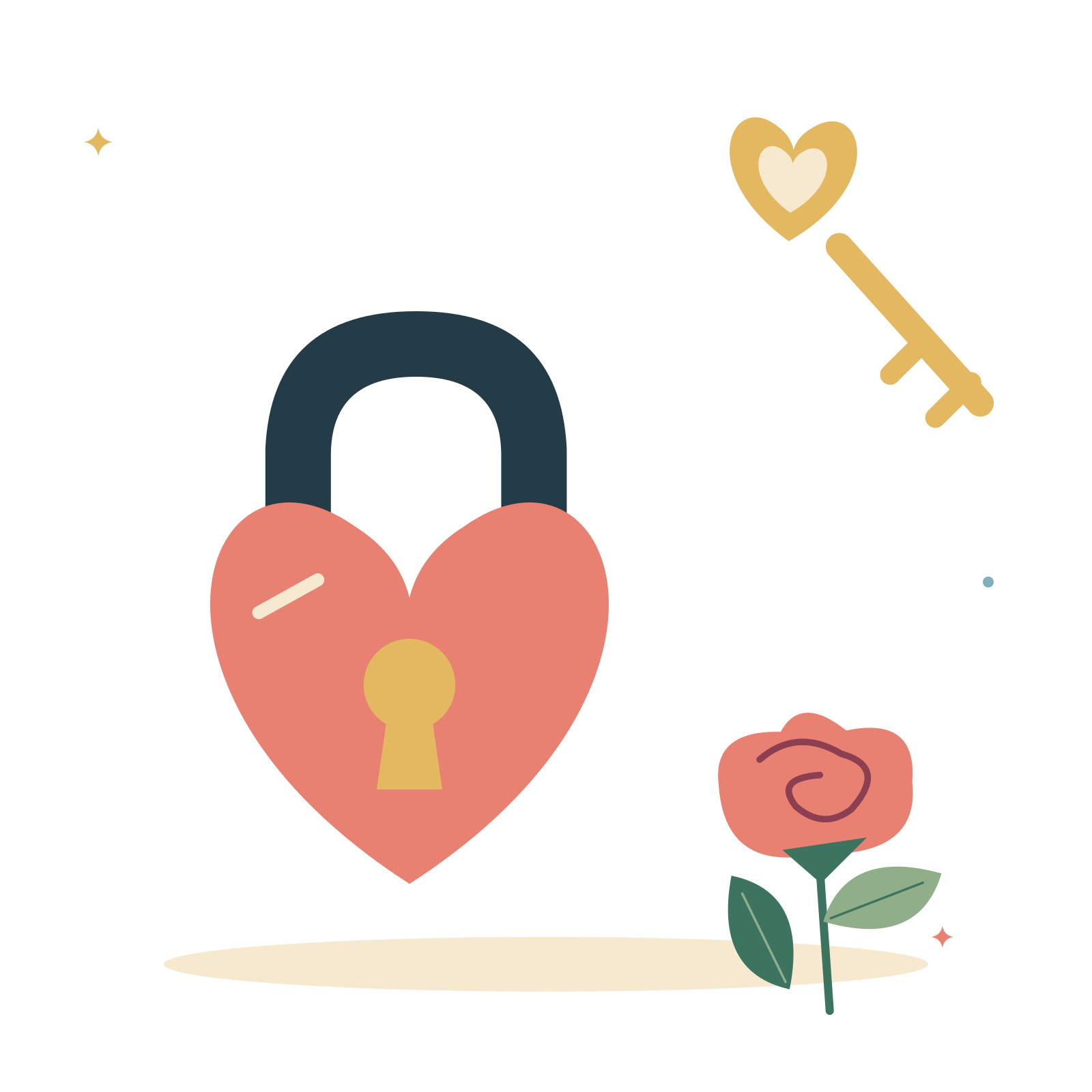Heart lock with a key and a little rose.
