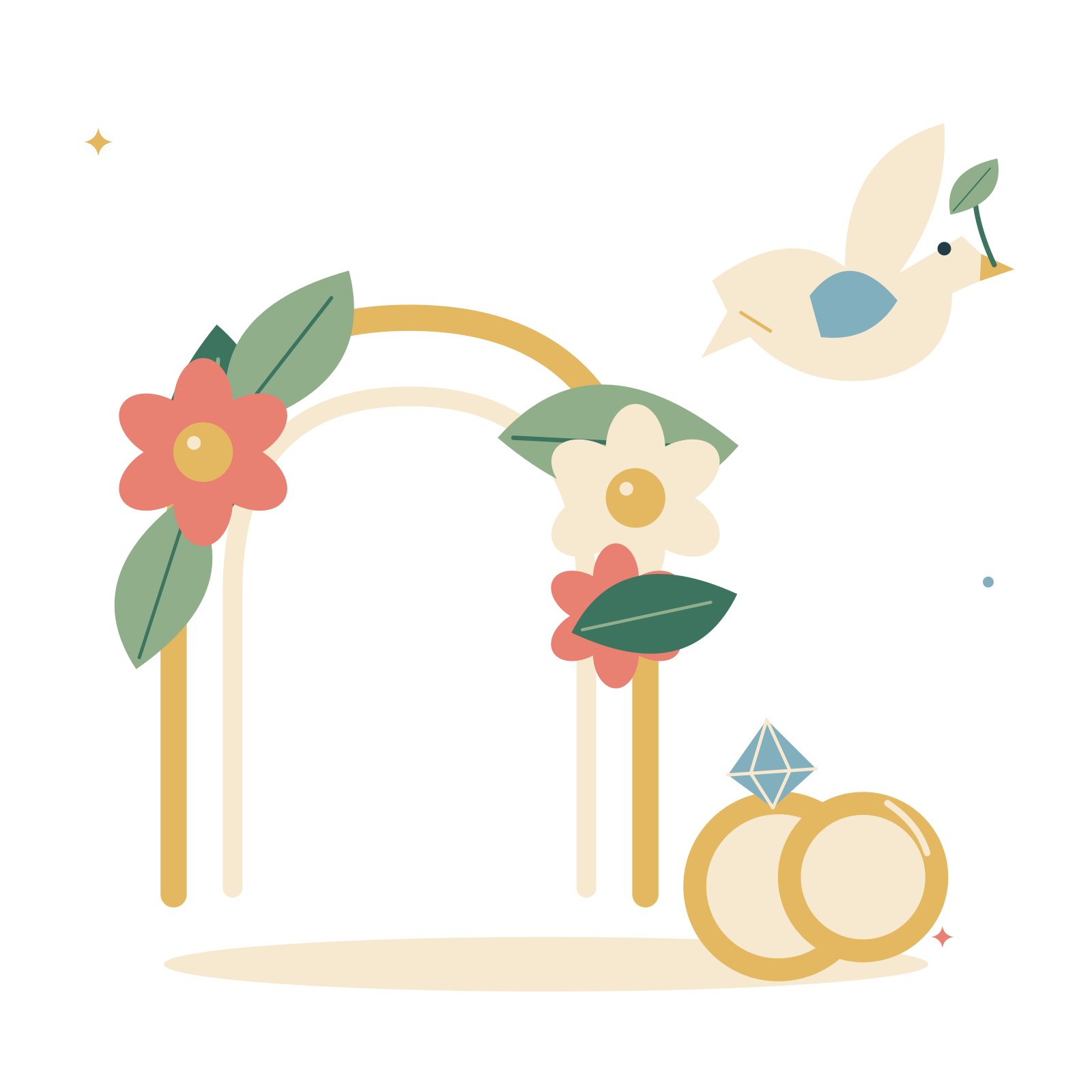 Wedding ceremony with a floral arch and doves.