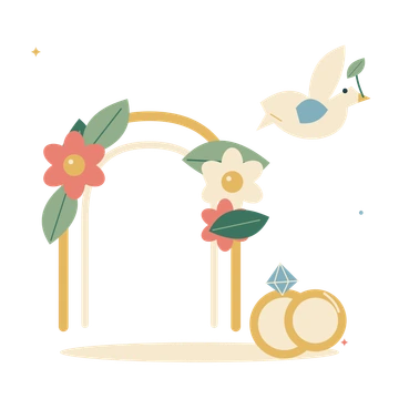 Wedding ceremony with a floral arch and doves.
