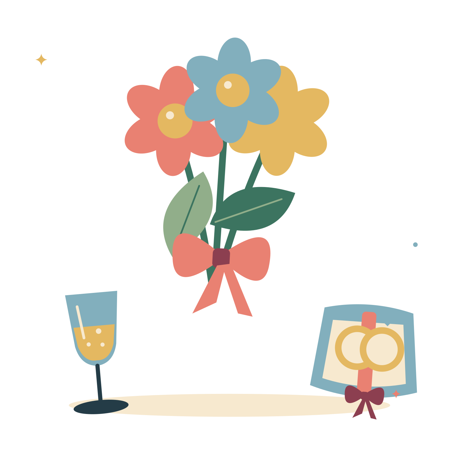 Wedding morning with flowers and a champagne flute.