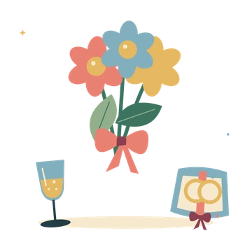 Wedding morning with flowers and a champagne flute.