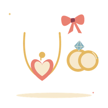 Wedding keepsakes with heart pendant and rings.