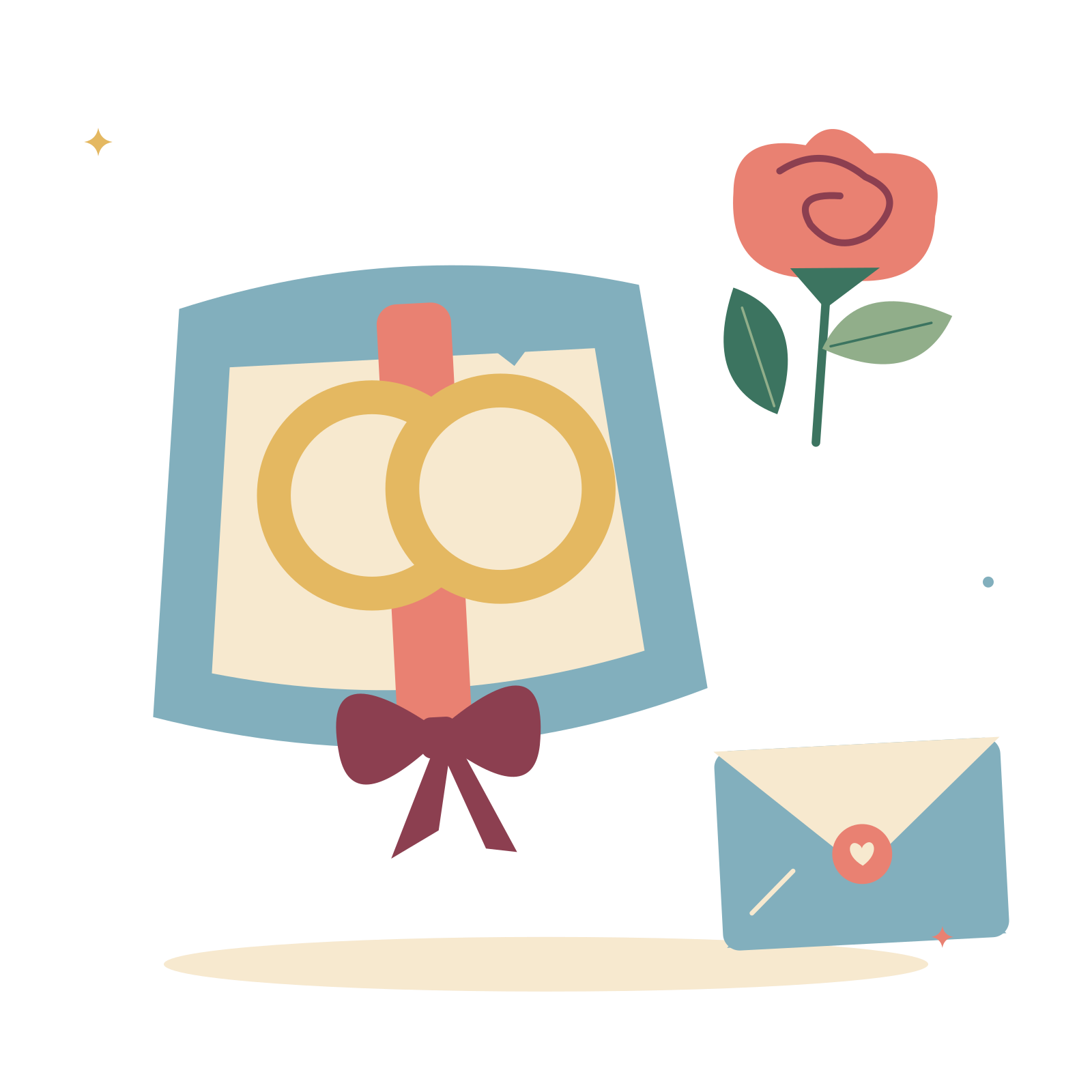 Wedding ring pillow with a rose and invitation.