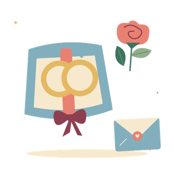 Wedding ring pillow with a rose and invitation.