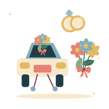 Just married car with wedding flowers and rings.