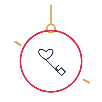 A hanging ornament composition featuring valentine heart key for Valentine’s Day designs.