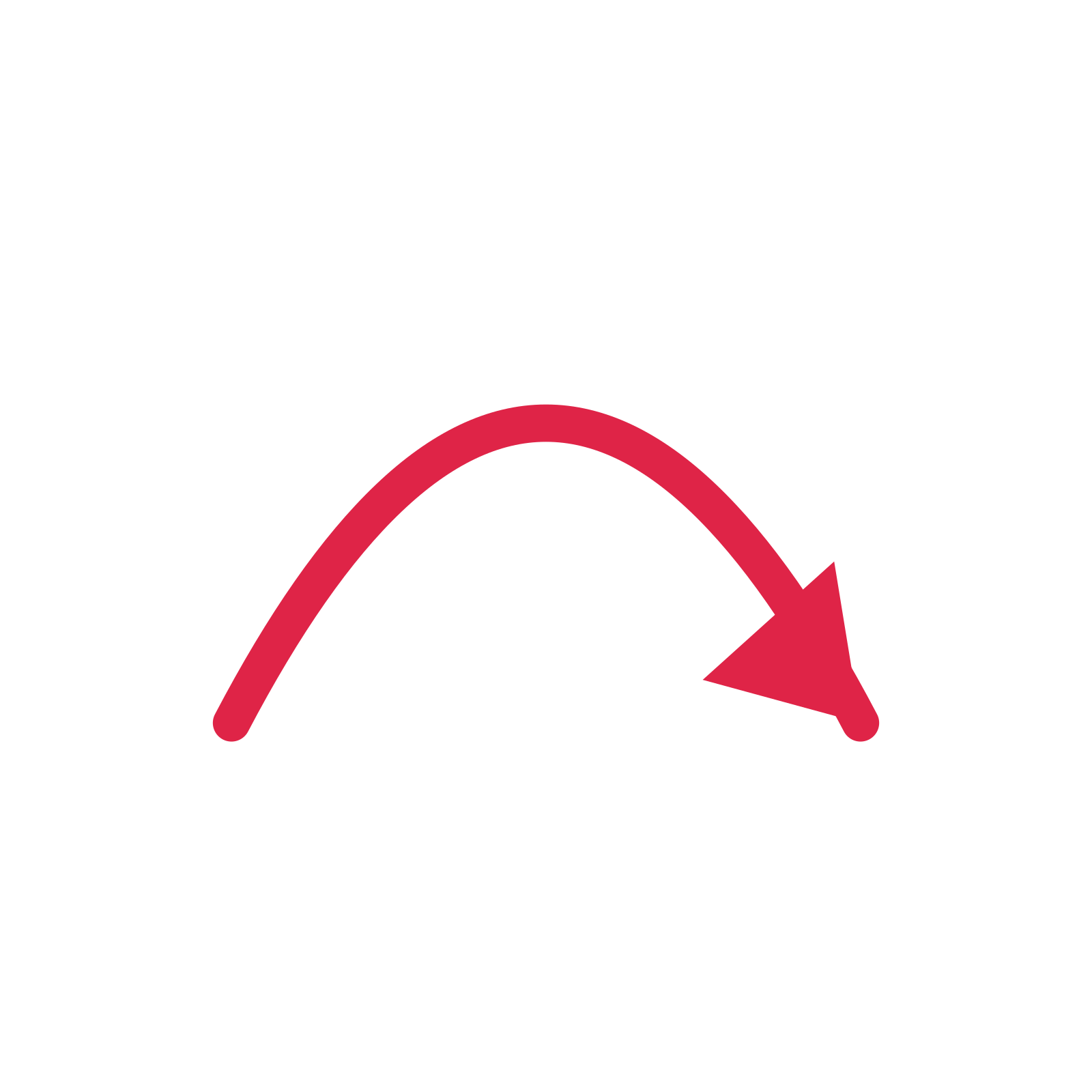 A arc directional arrow pointing east with a solid arrowhead.