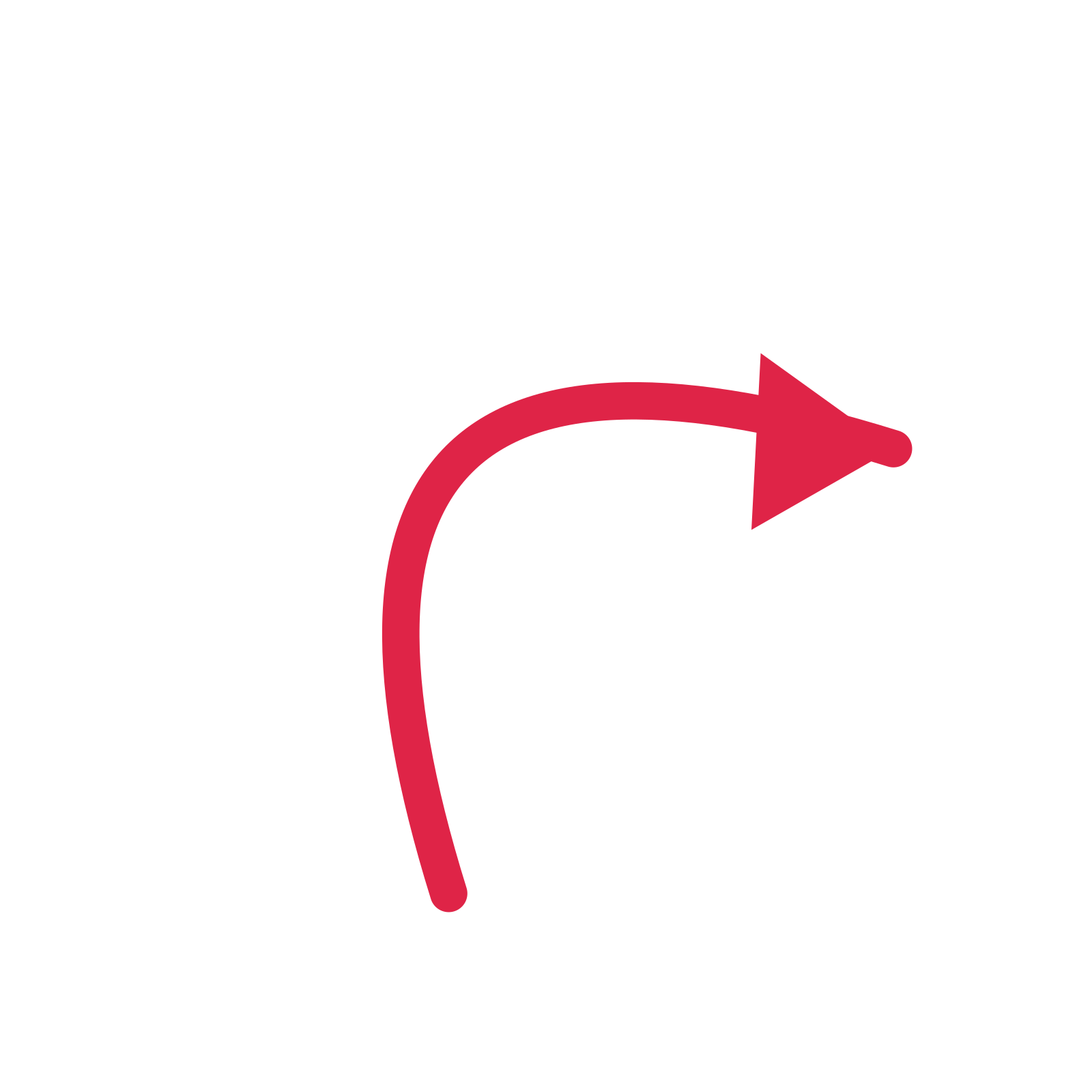 A arc directional arrow pointing north east with a solid arrowhead.
