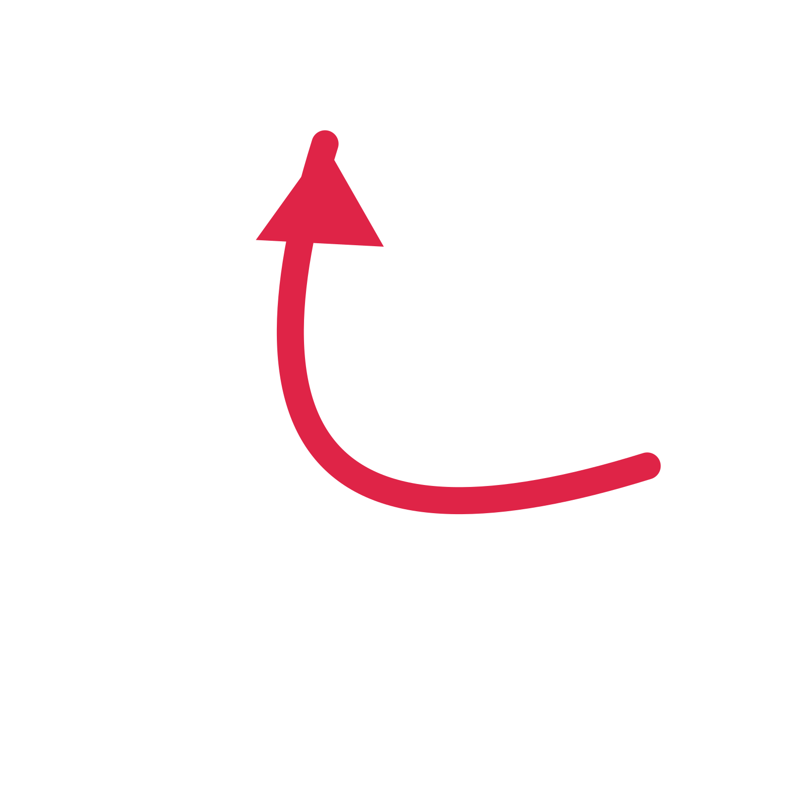 A arc directional arrow pointing north west with a solid arrowhead.
