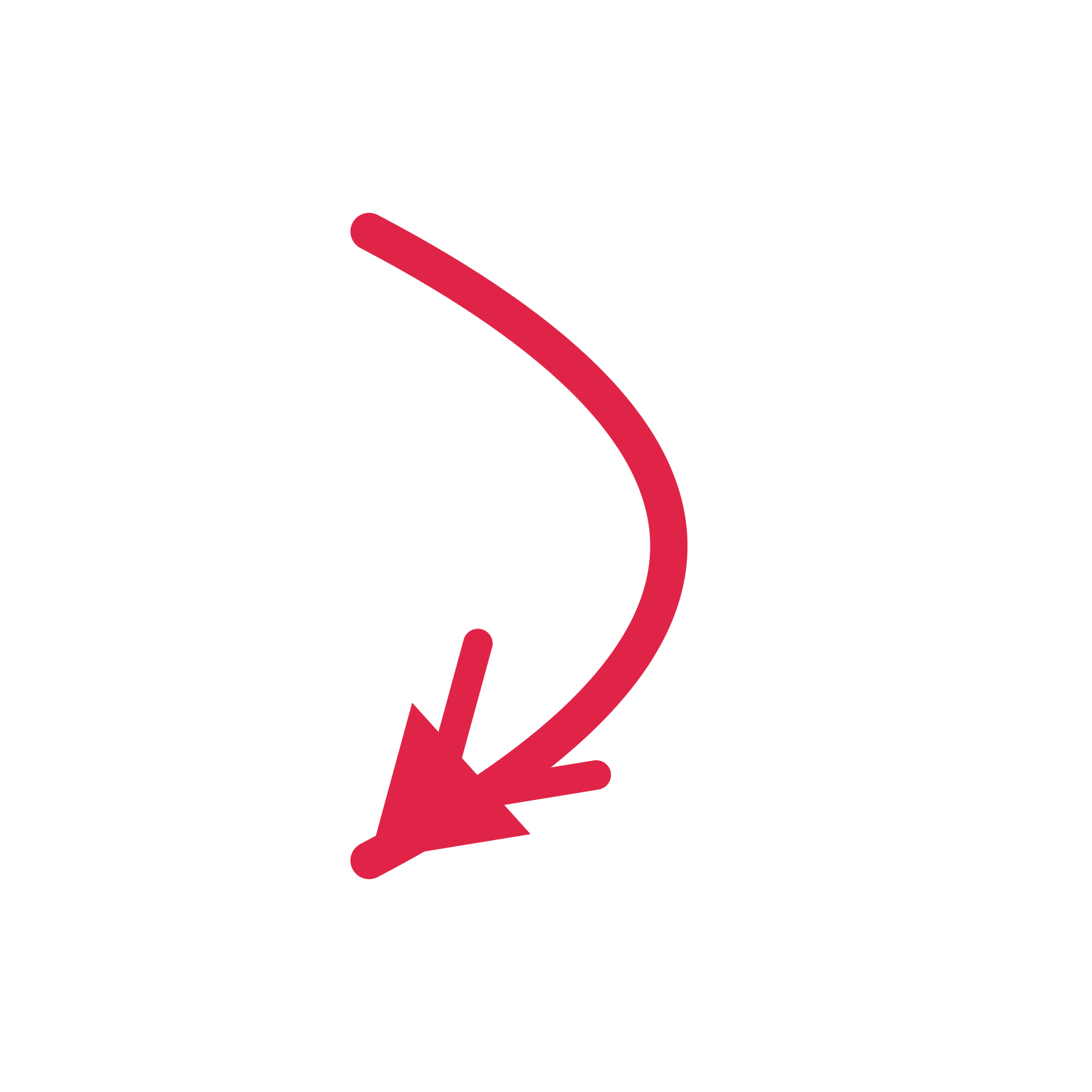 A arc directional arrow pointing south with a double arrowhead.