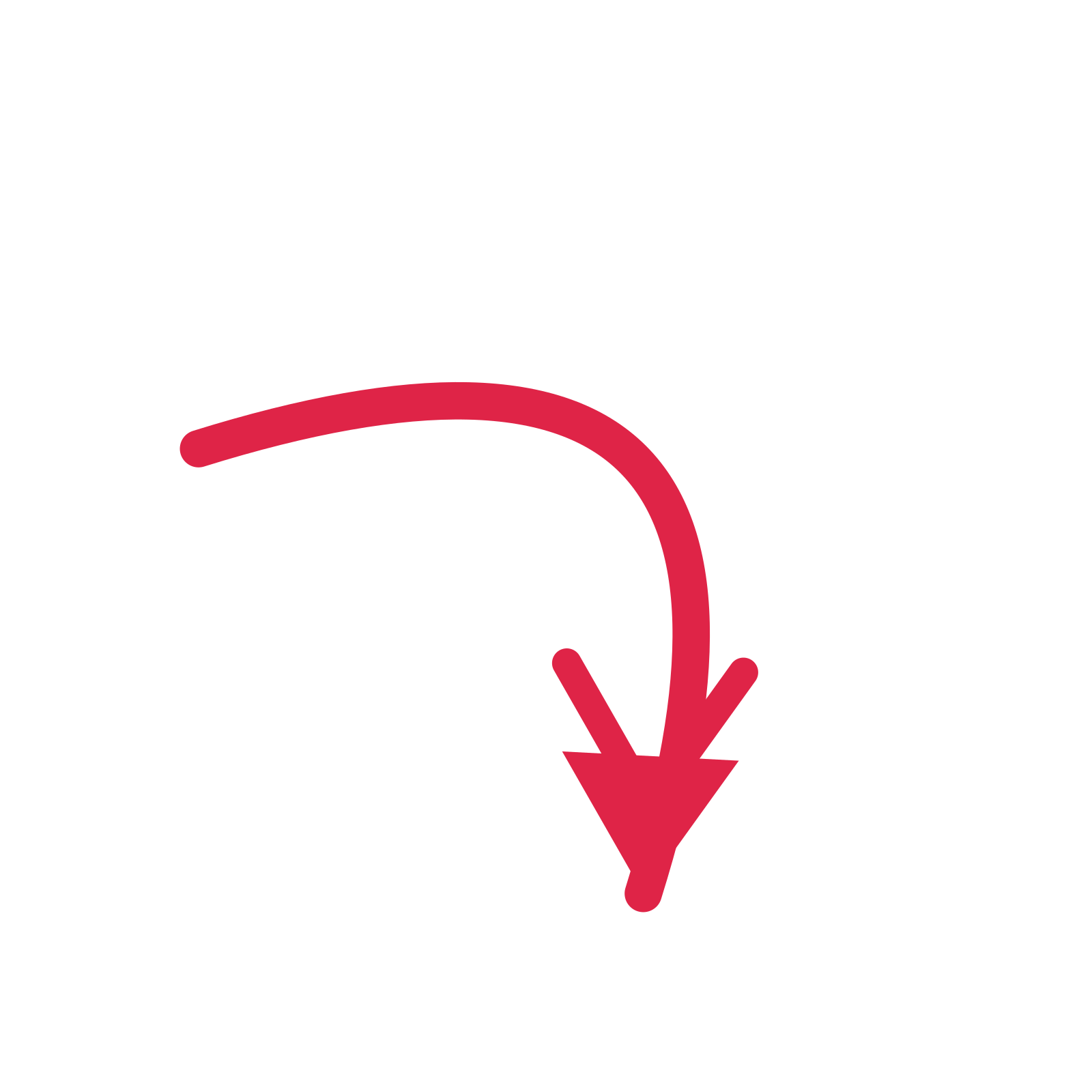 A arc directional arrow pointing south east with a double arrowhead.
