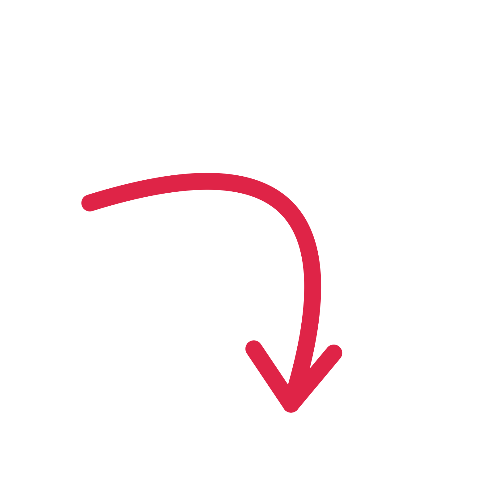 A arc directional arrow pointing south east with an open arrowhead.