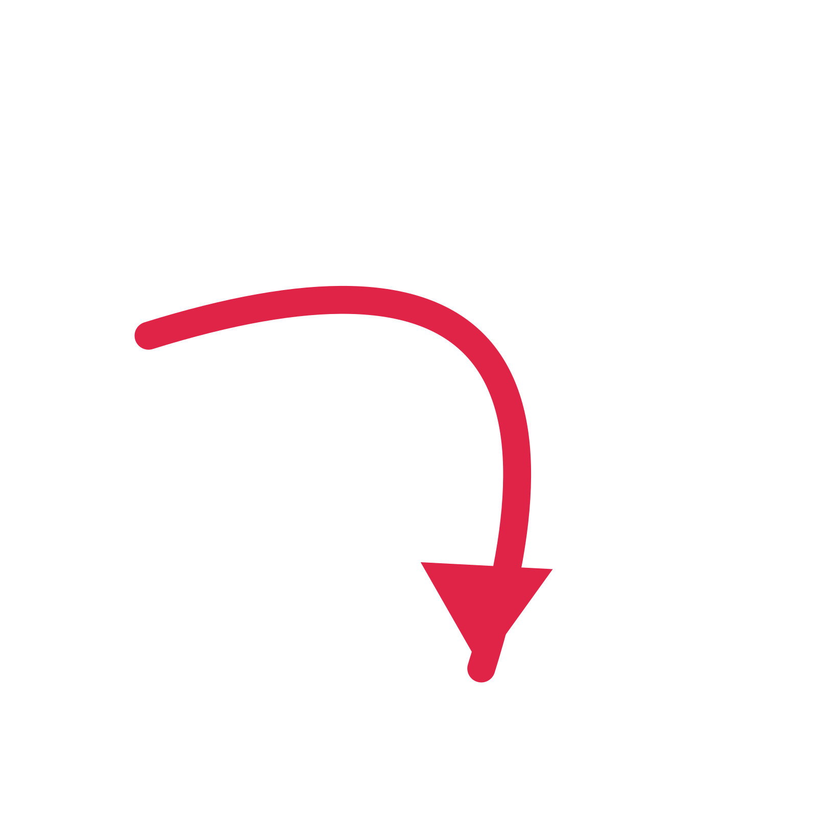 A arc directional arrow pointing south east with a solid arrowhead.