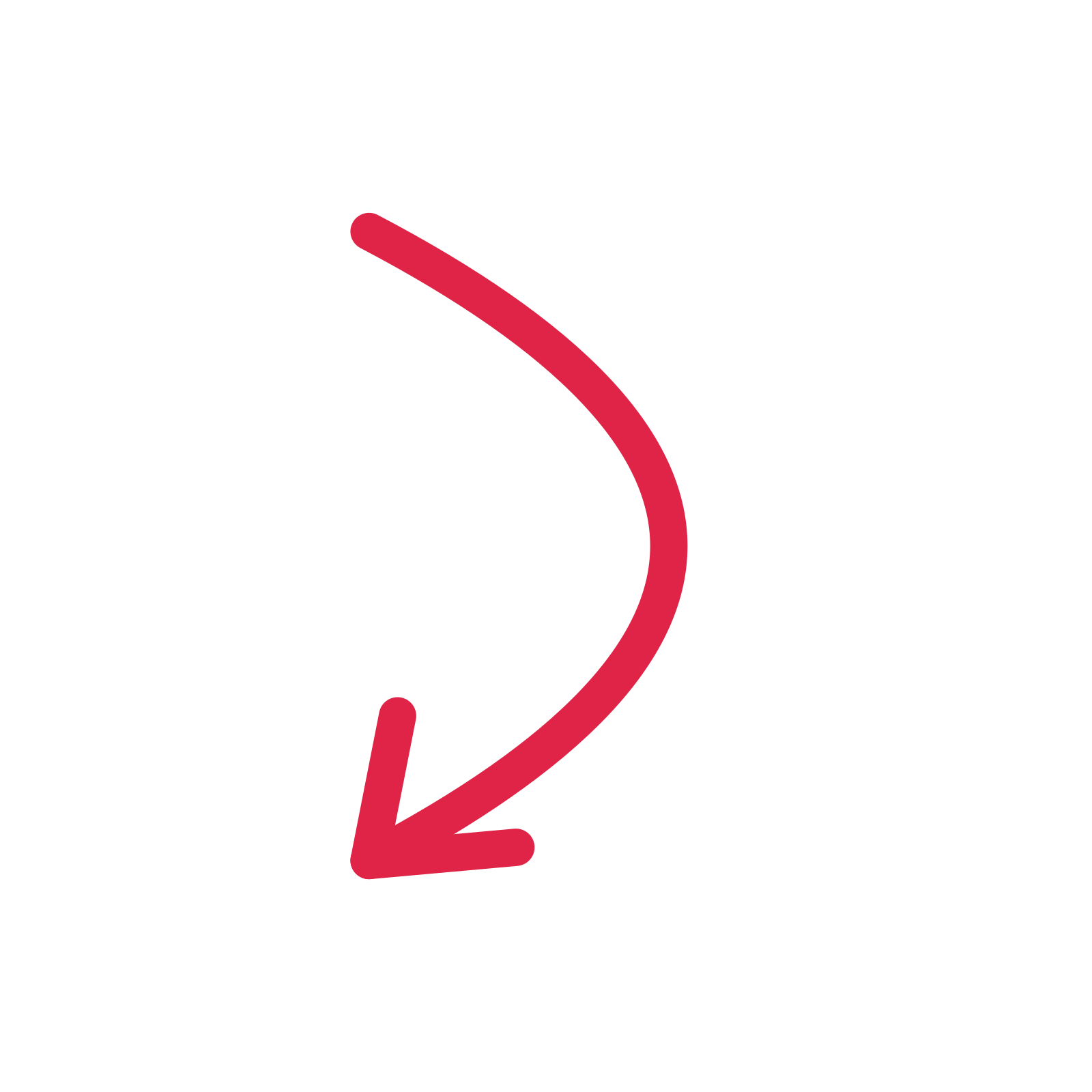 A arc directional arrow pointing south with an open arrowhead.