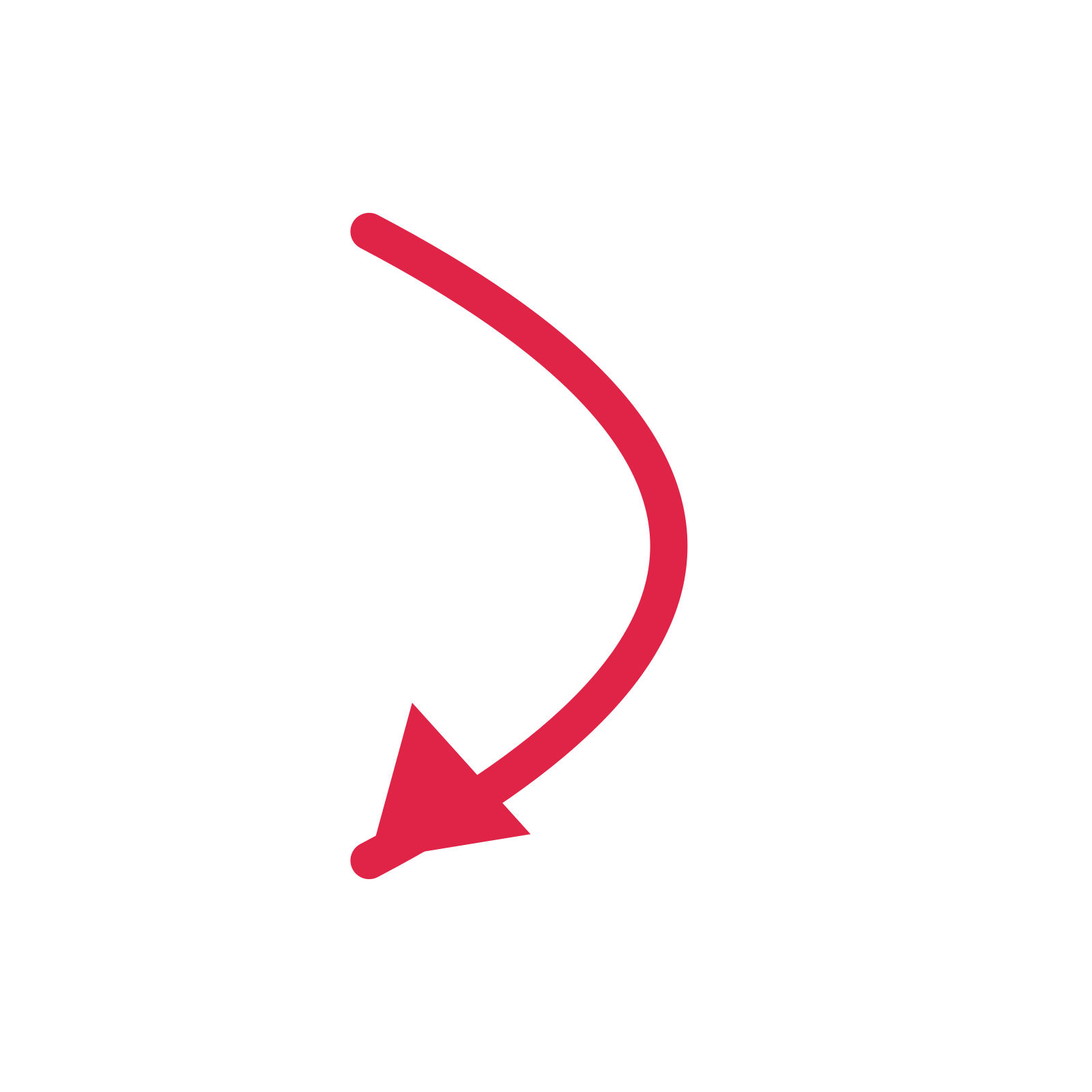 A arc directional arrow pointing south with a solid arrowhead.