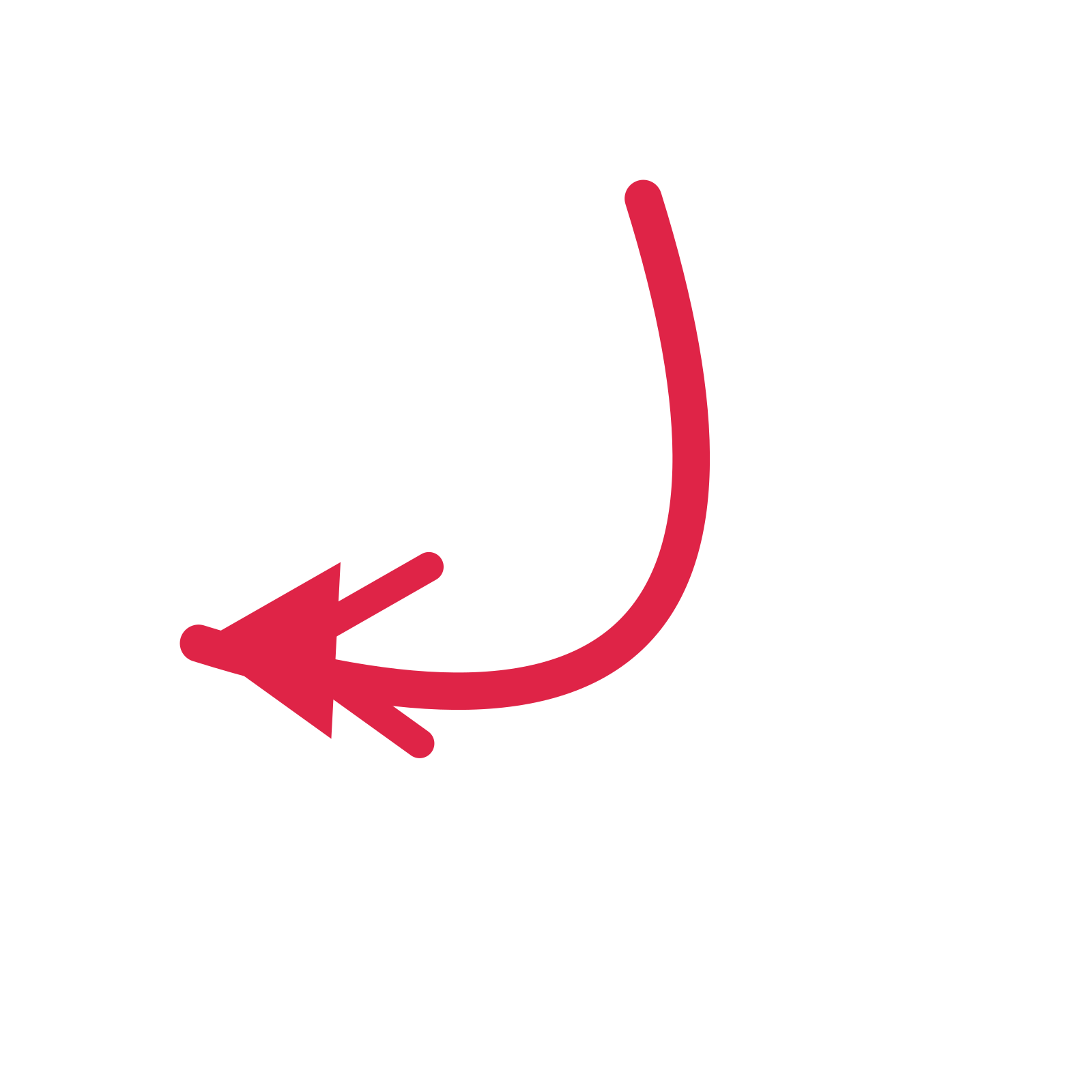 A arc directional arrow pointing south west with a double arrowhead.