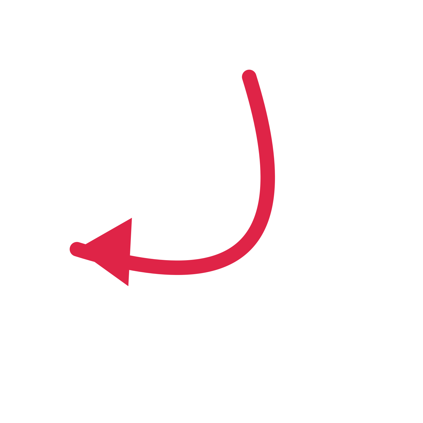 A arc directional arrow pointing south west with a solid arrowhead.