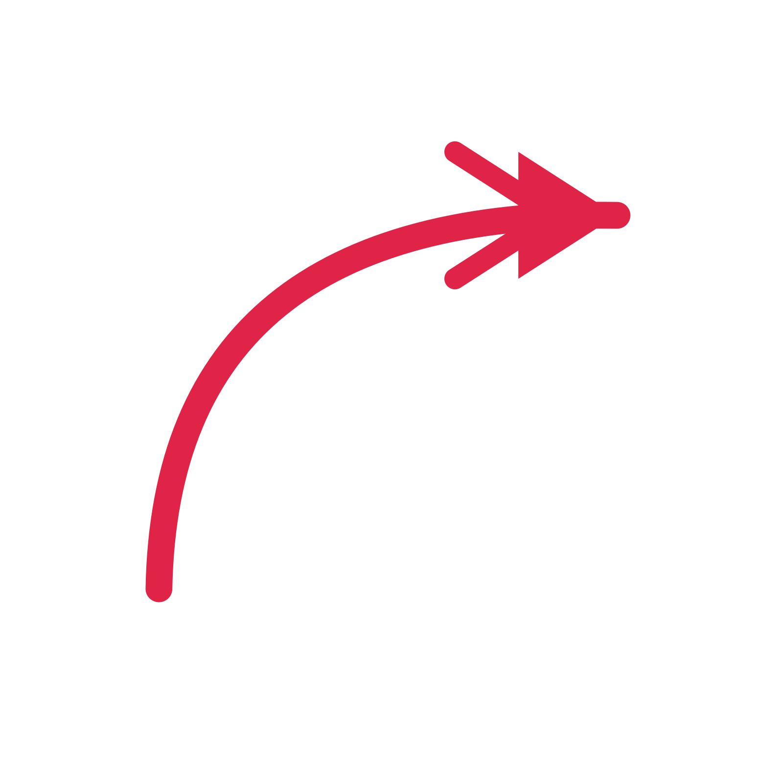 A curve directional arrow pointing east with a double arrowhead.