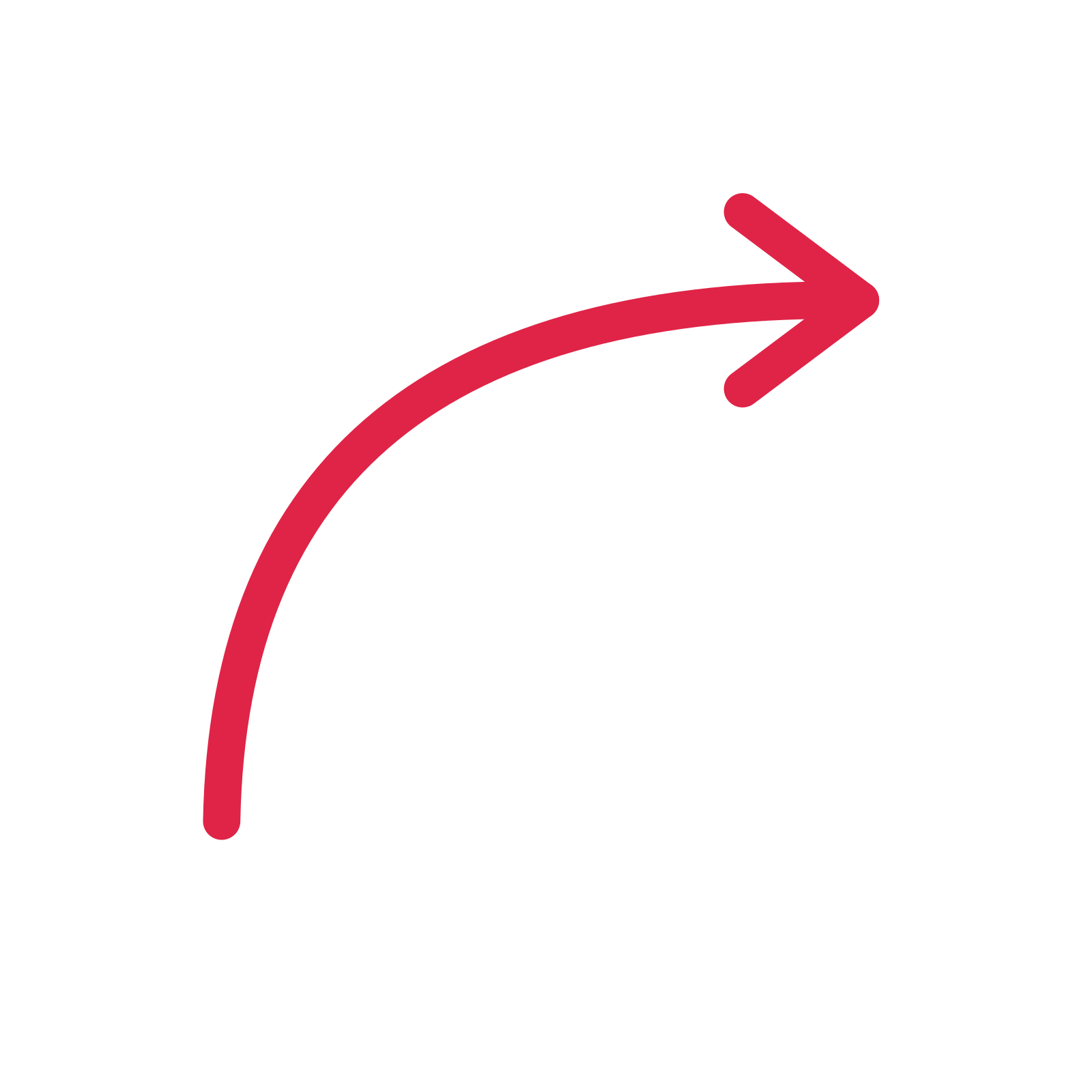 A curve directional arrow pointing east with an open arrowhead.