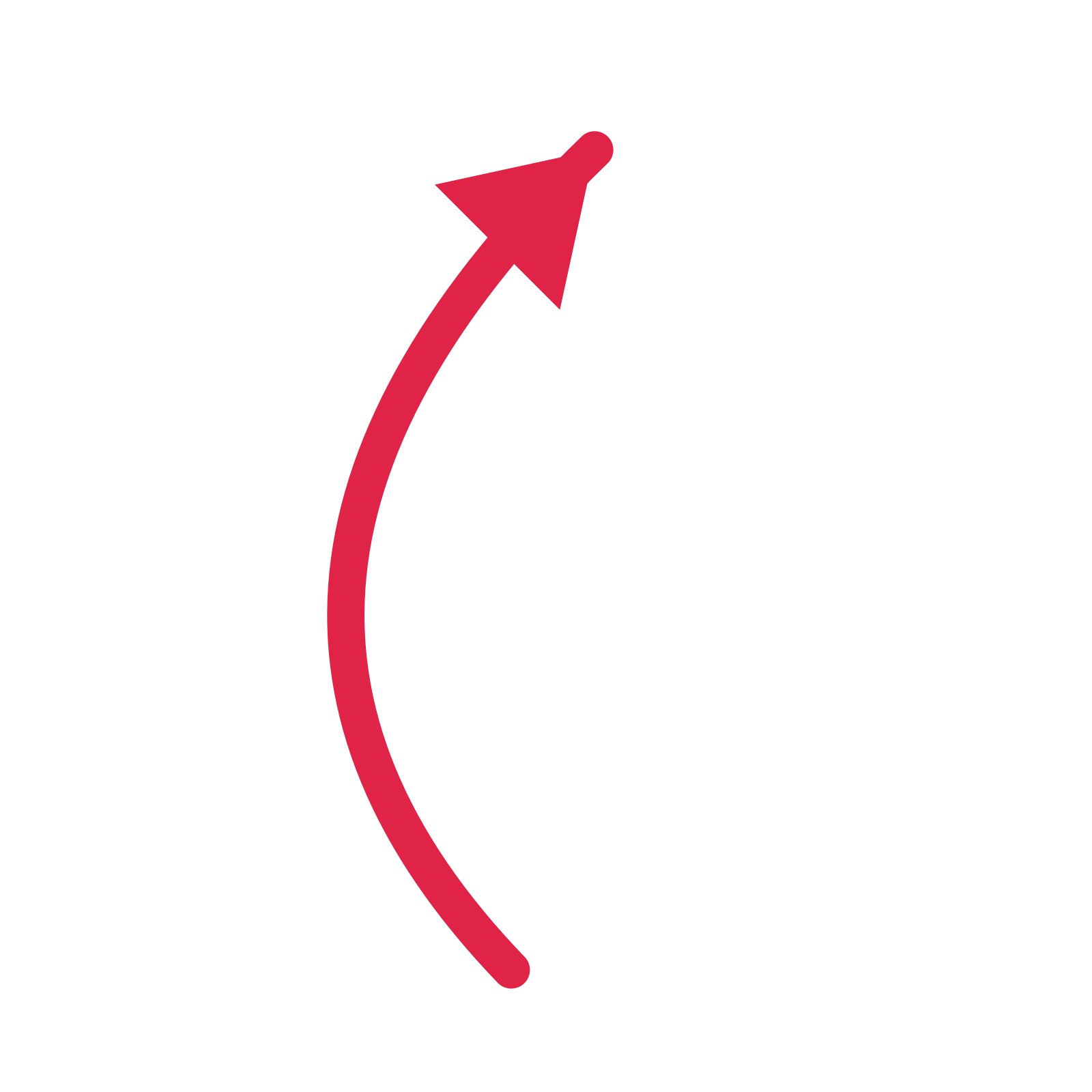 A curve directional arrow pointing north east with a solid arrowhead.