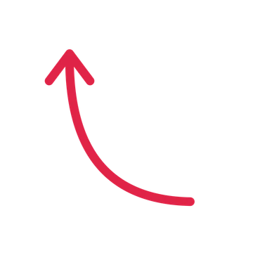A curve directional arrow pointing north with an open arrowhead.