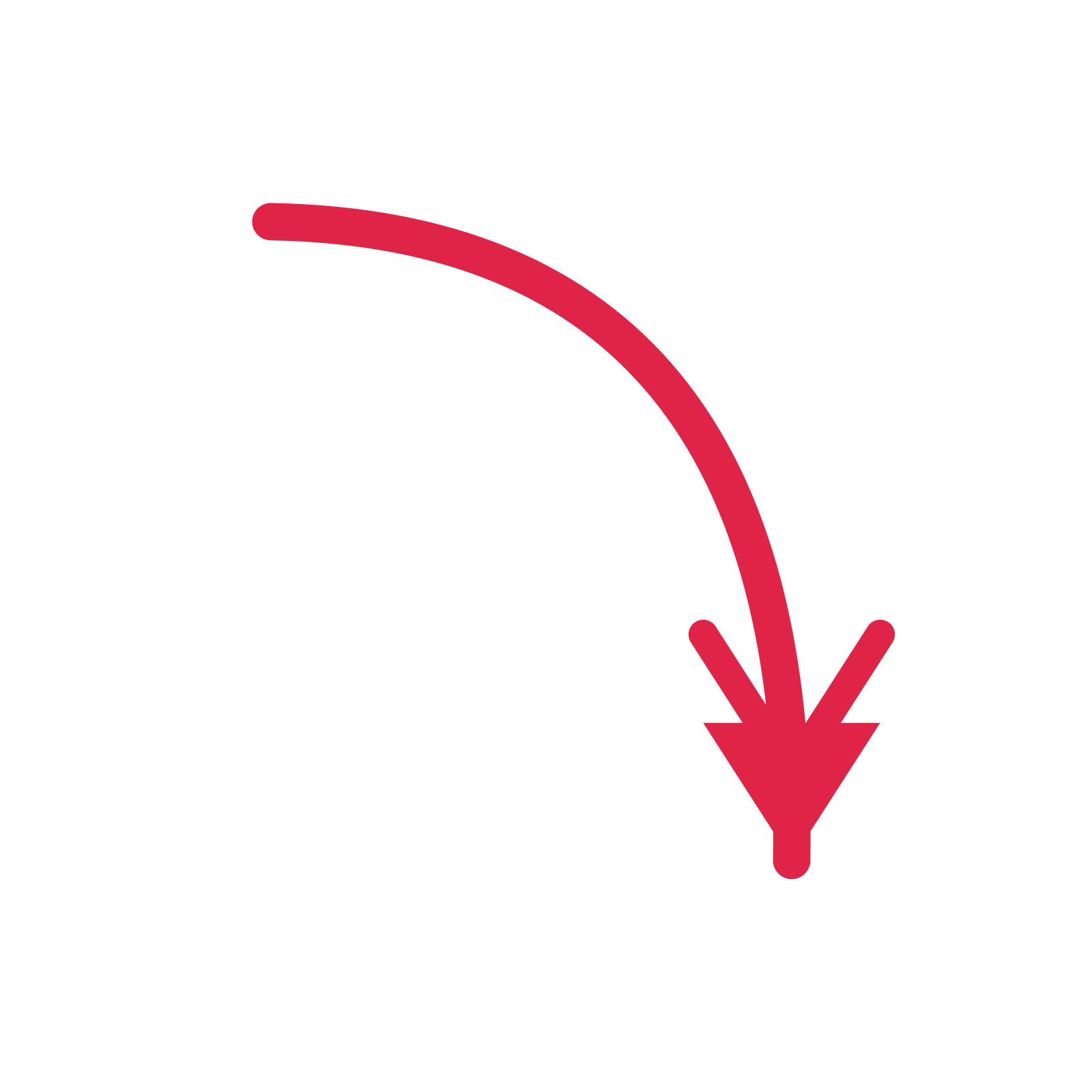 A curve directional arrow pointing south with a double arrowhead.