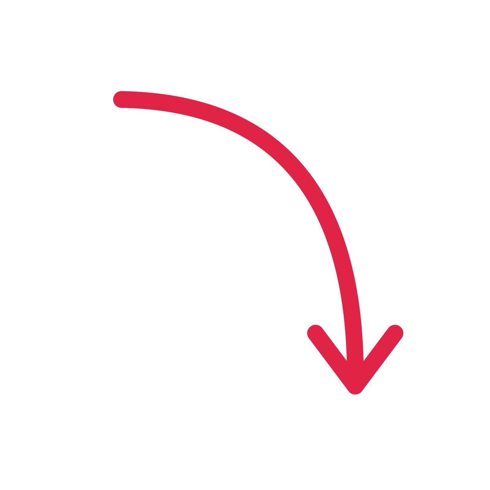 A curve directional arrow pointing south with an open arrowhead.