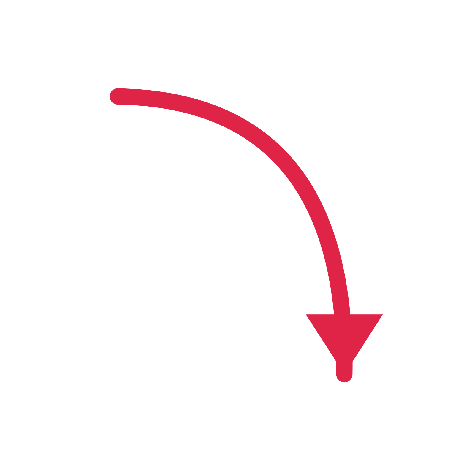 A curve directional arrow pointing south with a solid arrowhead.