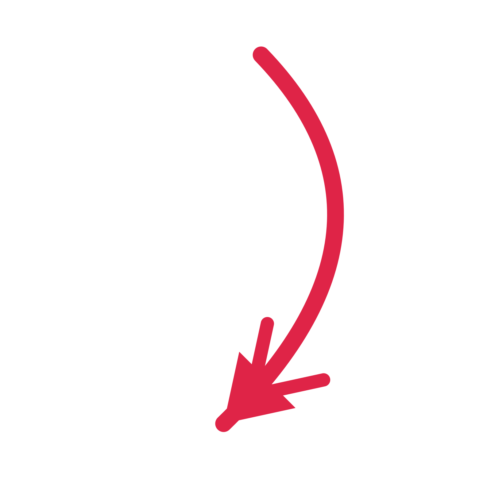 A curve directional arrow pointing south west with a double arrowhead.