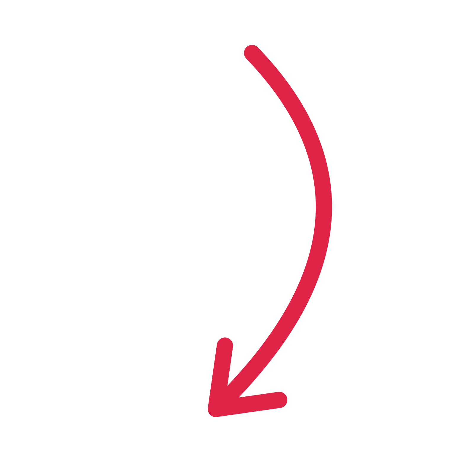 A curve directional arrow pointing south west with an open arrowhead.