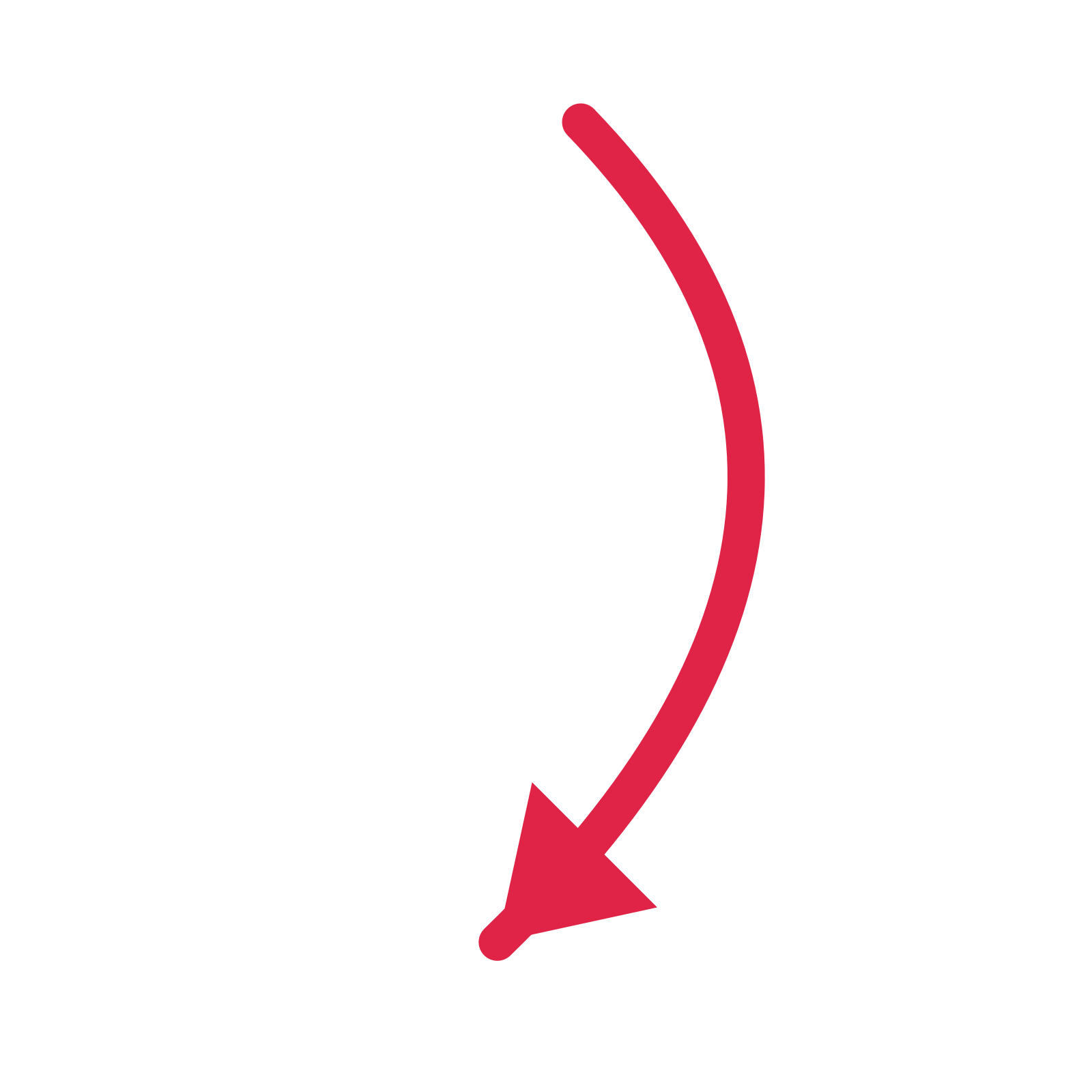 A curve directional arrow pointing south west with a solid arrowhead.