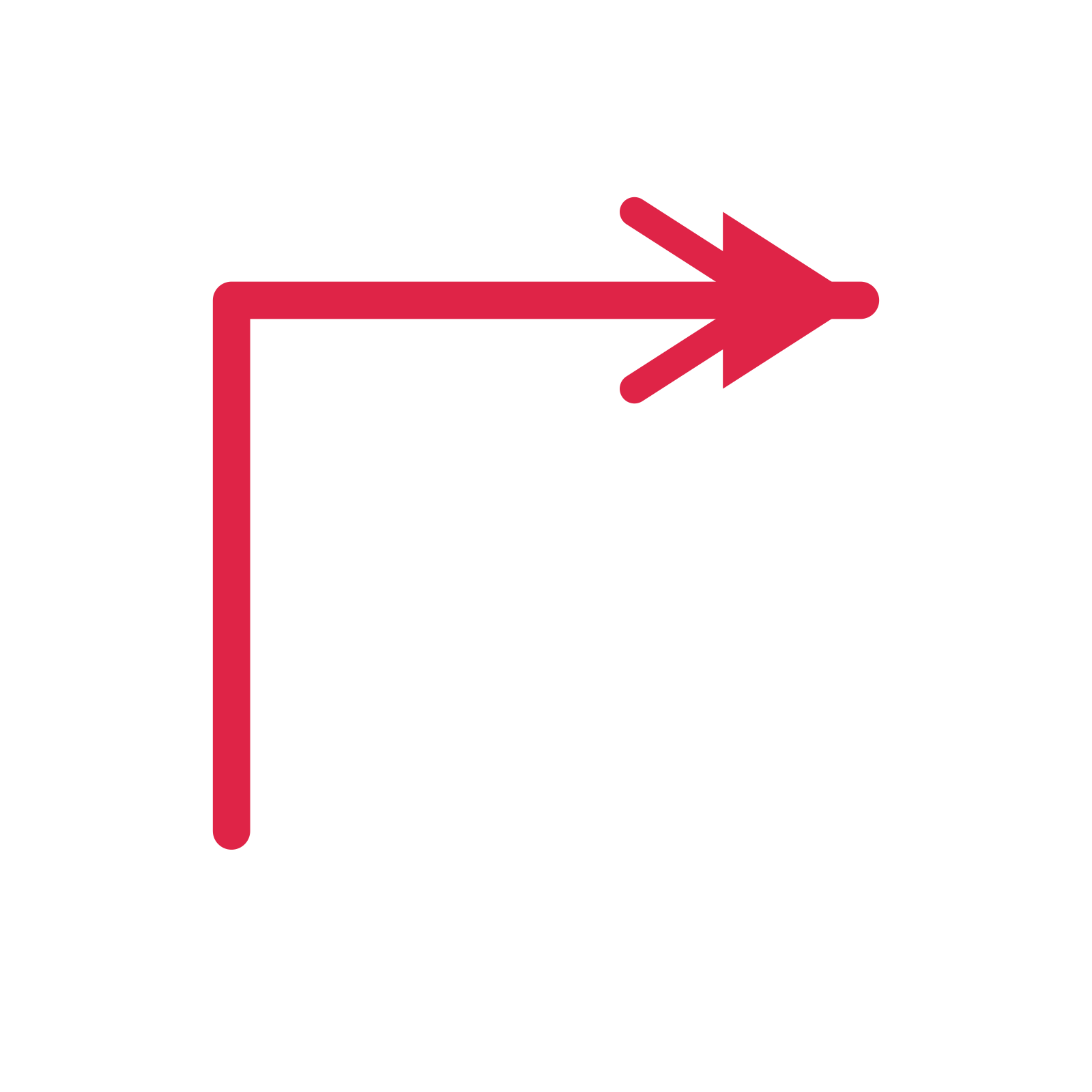 A elbow directional arrow pointing east with a double arrowhead.