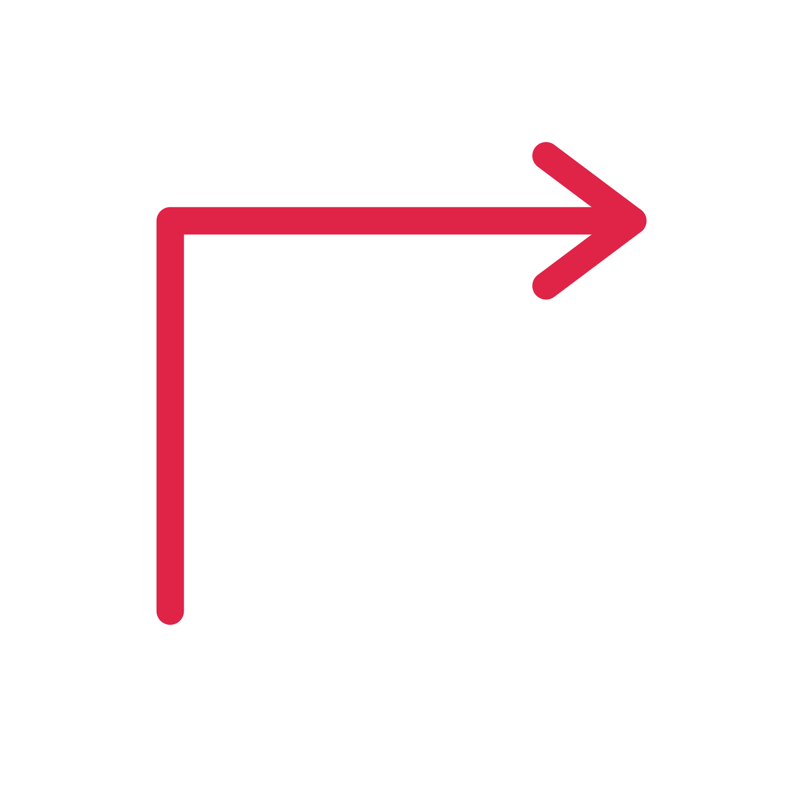 A elbow directional arrow pointing east with an open arrowhead.