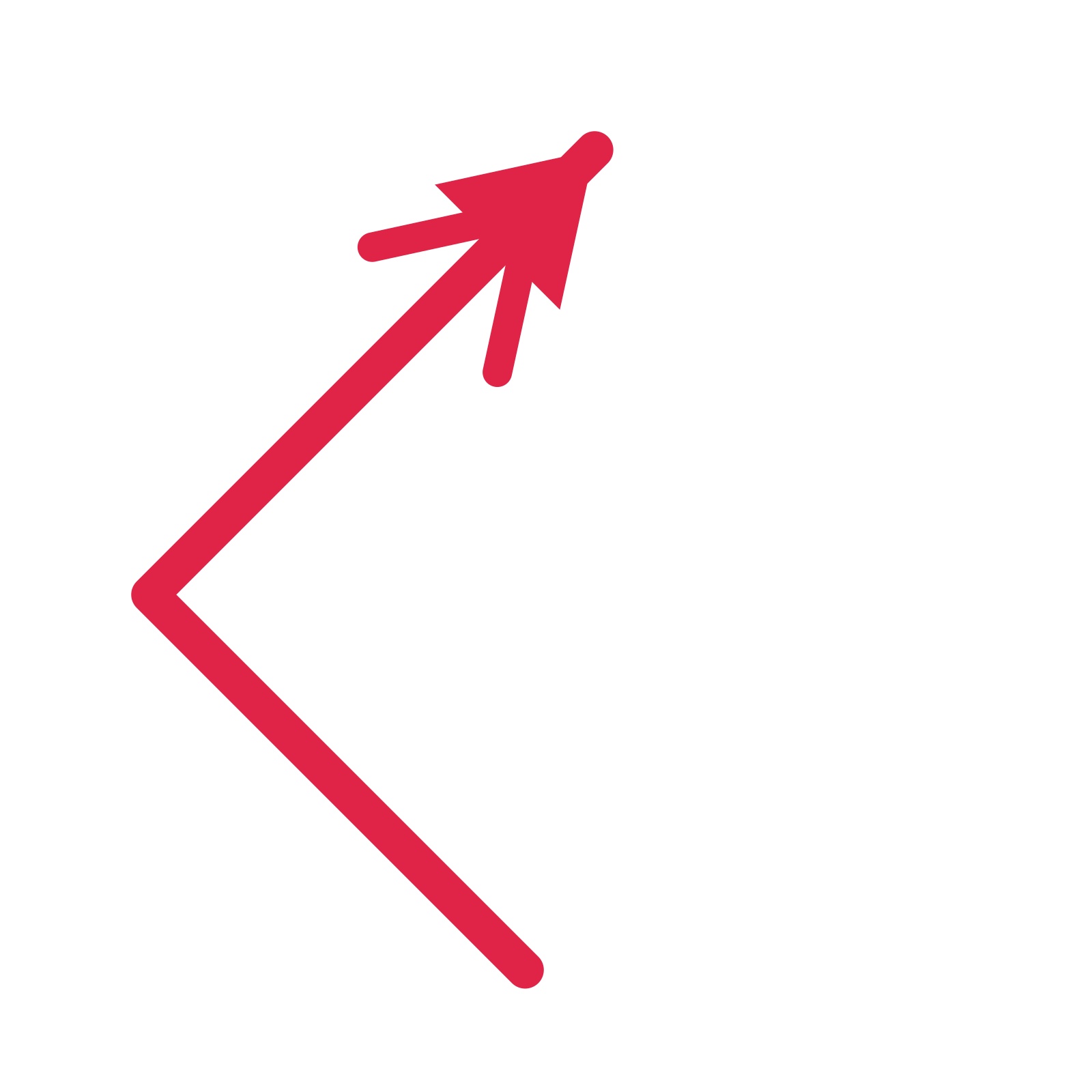 A elbow directional arrow pointing north east with a double arrowhead.