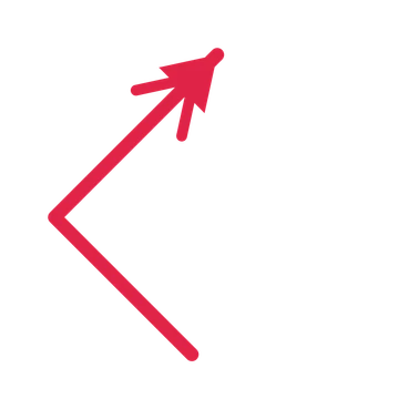 A elbow directional arrow pointing north east with a double arrowhead.