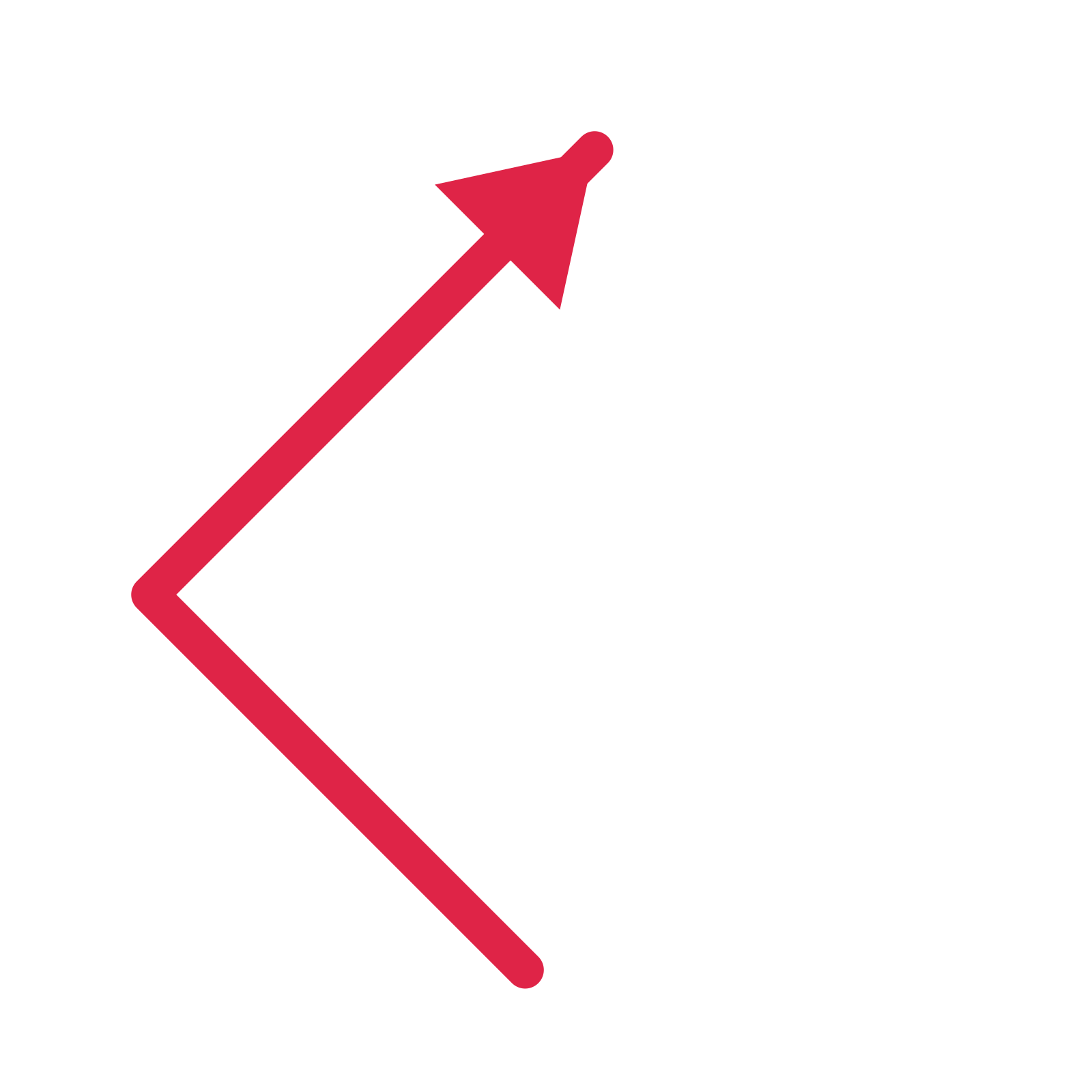 A elbow directional arrow pointing north east with a solid arrowhead.