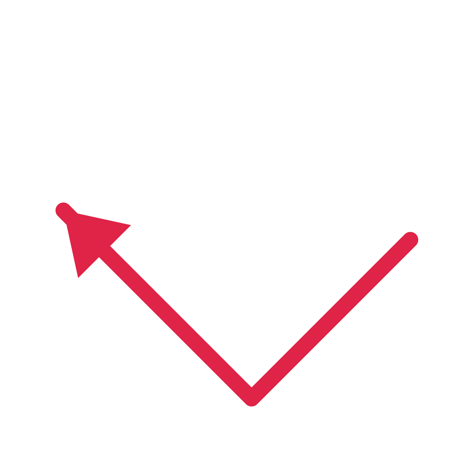 A elbow directional arrow pointing north west with a solid arrowhead.
