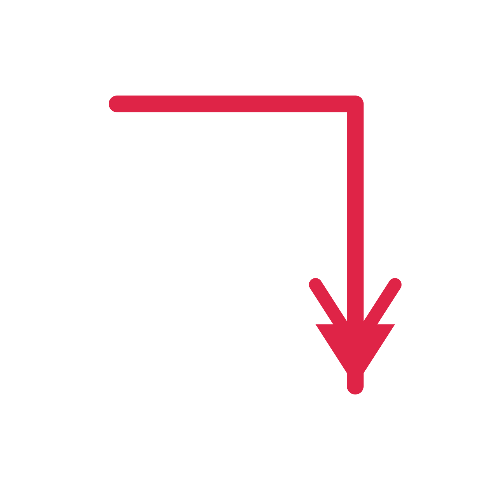A elbow directional arrow pointing south with a double arrowhead.