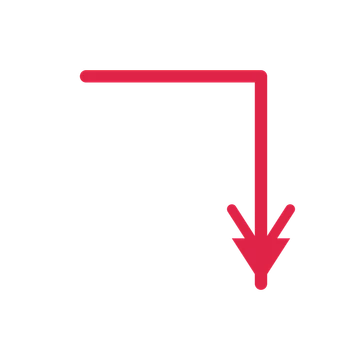 A elbow directional arrow pointing south with a double arrowhead.