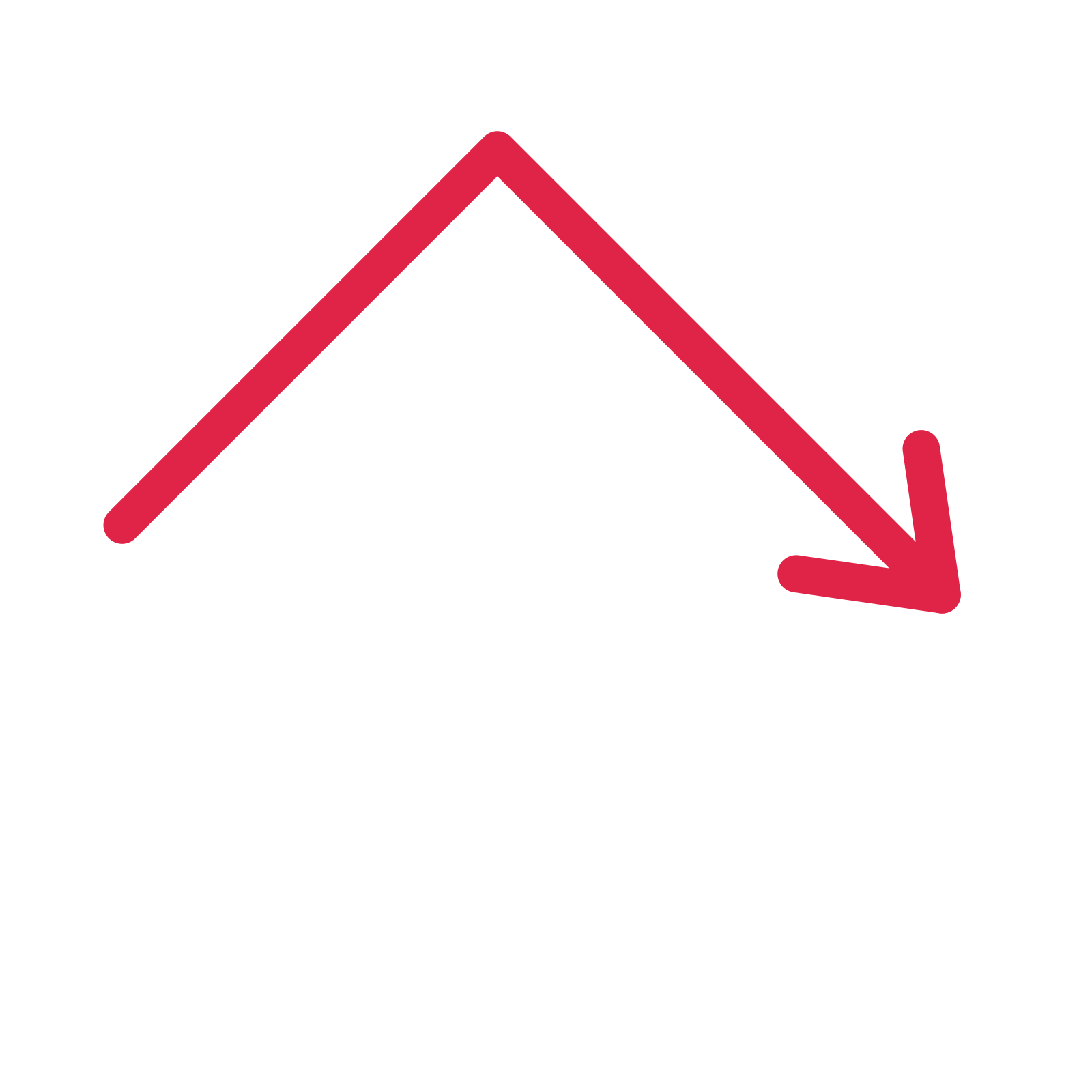 A elbow directional arrow pointing south east with an open arrowhead.