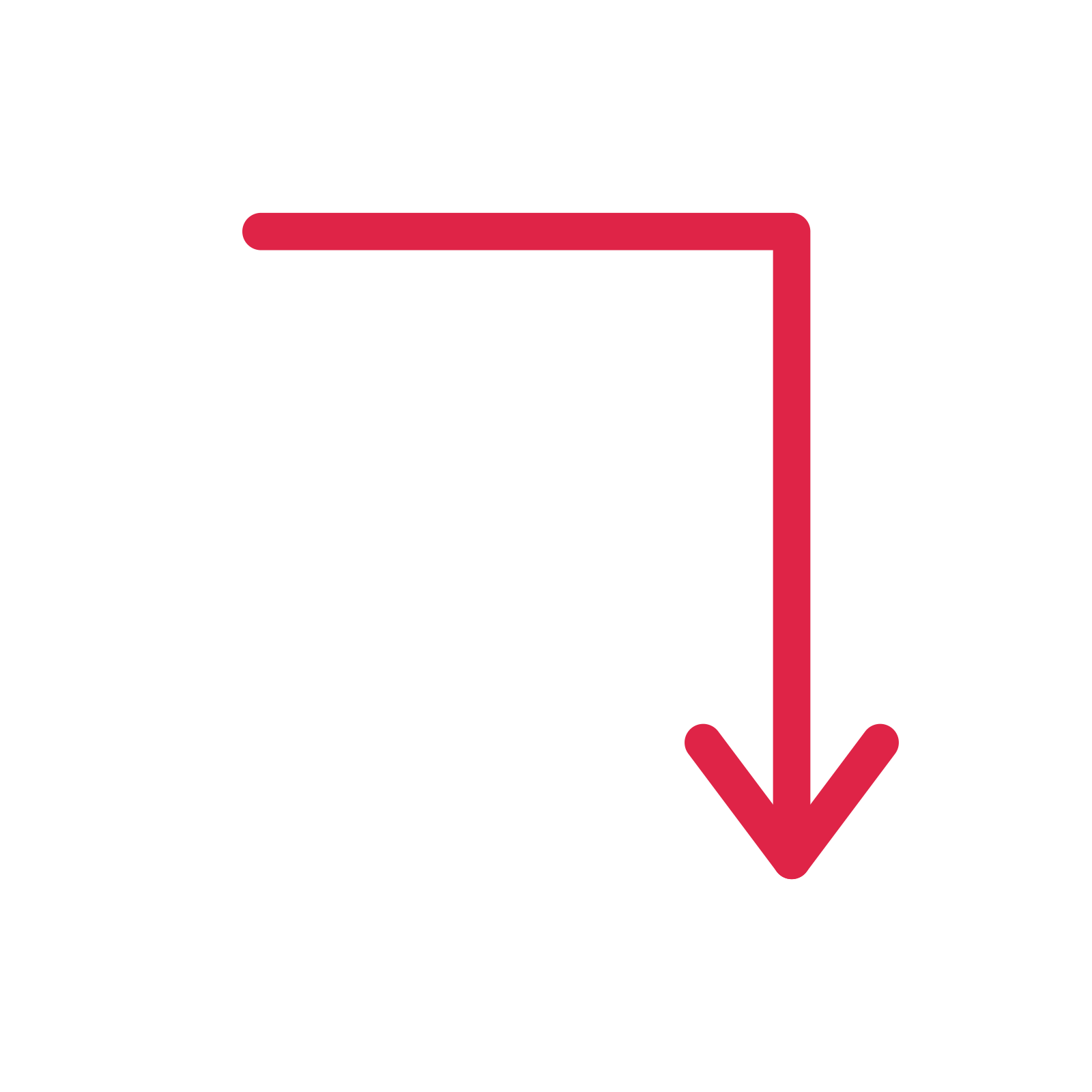 A elbow directional arrow pointing south with an open arrowhead.